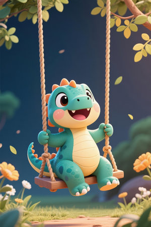 Cute cartoon crocodile on swing in the garden. 3d illustrationの素材