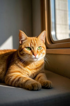 Cute ginger cat lying on the windowsill and looking out the windowの素材