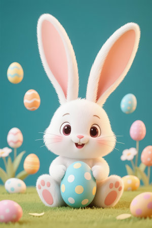 Easter bunny with colorful eggs on green grass, 3d illustrationの素材