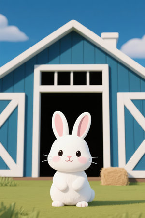 Rabbit in front of a blue wooden garage with a blue skyの素材