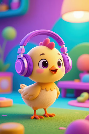 Cute little chick with headphones listening to music. 3d renderingの素材