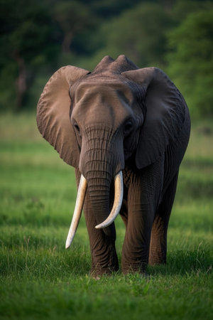 African elephant, Loxodonta africana, single mammal in grass, South Africaの素材