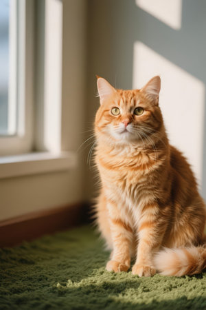 Cute ginger cat sitting near window at home. Fluffy petの素材