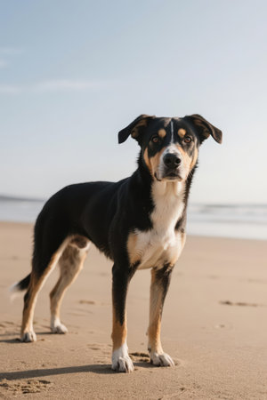 Mixed breed dog standing on a sandy beach and looking at the cameraの素材