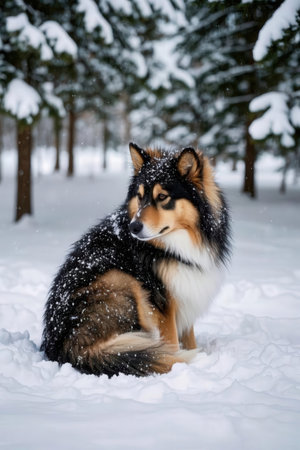 Beautiful Shetland Sheepdog sitting on snow in winter forestの素材