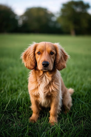 Beautiful golden retriever puppy sitting on the grass in the parkの素材