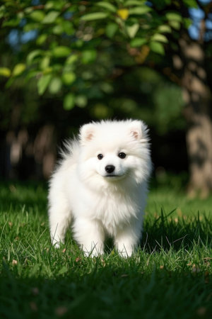 Cute white Pomeranian puppy standing on the grass in the gardenの素材