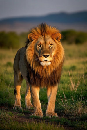 Male lion walking in the savannah of the Masai Mara National Park in Kenyaの素材
