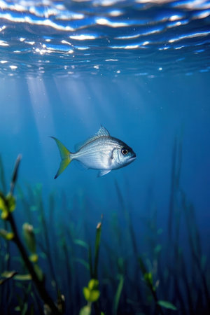 Underwater view of a sea bream swimming in the water.の素材
