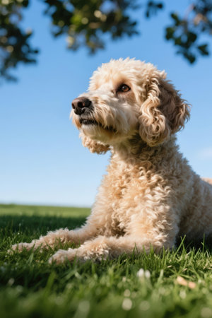 A cute miniature poodle laying on the grass in a park.の素材