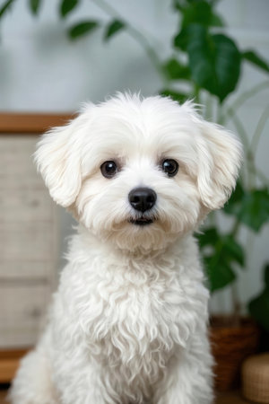 Portrait of a cute Maltese dog looking at the camera.の素材