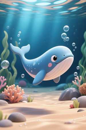 Illustration of a cute whale swimming in the ocean with coralsの素材