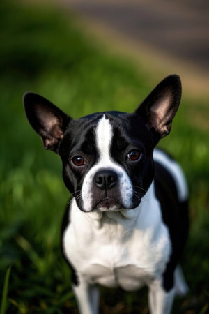 Portrait of a black and white Boston Terrier dog sitting on the grassの素材