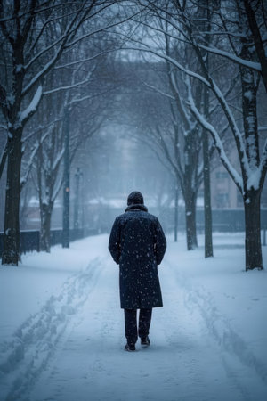A man in a dark coat walking in a winter city park.の素材