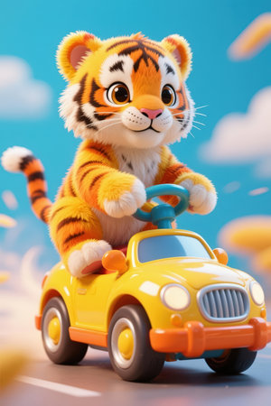 Cute tiger with toy car on blue sky background, happy new year conceptの素材