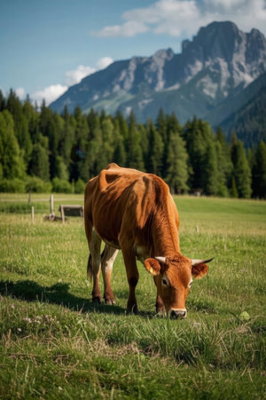 Cow grazing in the meadow in the Dolomites, Italyの素材