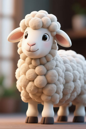 Sheep figurine on a wooden table in the room, close-upの素材