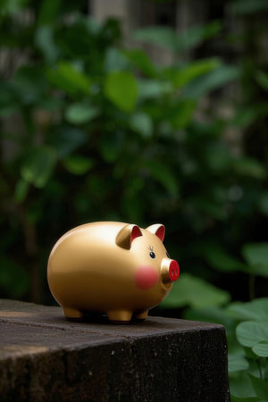 Piggy bank in the garden with green leaves background, stock photoの素材