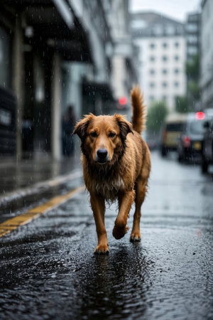 A wet dog is standing in a puddle on a rainy day.の素材