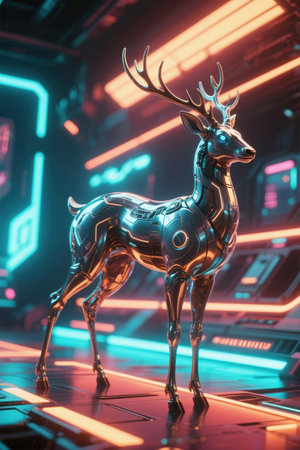 Futuristic metal reindeer with neon lights. 3d renderingの素材