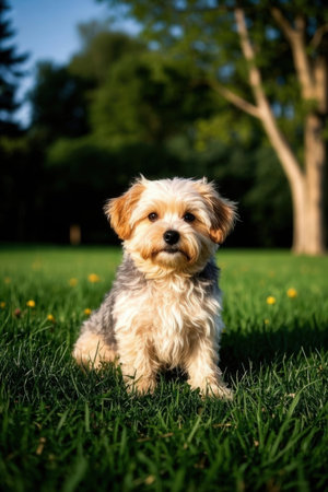 Yorkshire Terrier puppy standing on the green grass in the parkの素材