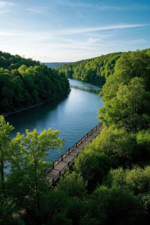 Wooden bridge over the river on the background of green forest and blue skyの素材