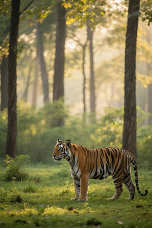 Siberian Tiger walking in the forest. (Panthera tigris altaica)の素材