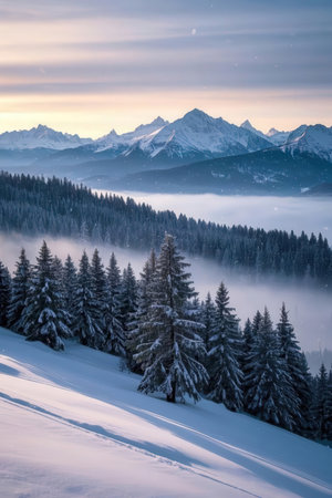 Fantastic winter landscape with snow covered fir trees in the mountainsの素材