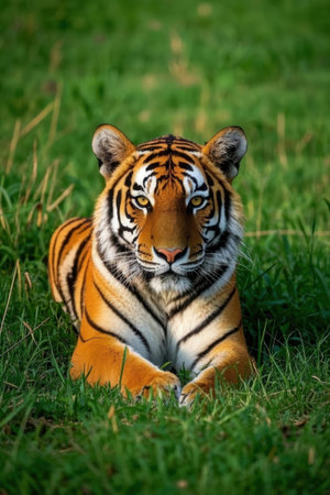 Sumatran Tiger lying down in the grass looking at the cameraの素材