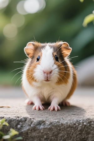 guinea pig standing on concrete floor and looking at the camera.の素材