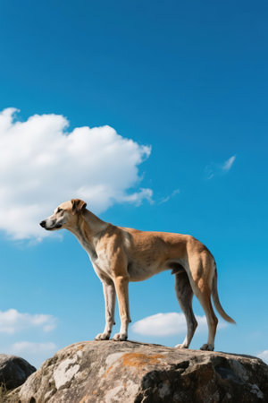 Dog standing on the rock with blue sky and white cloud background.の素材
