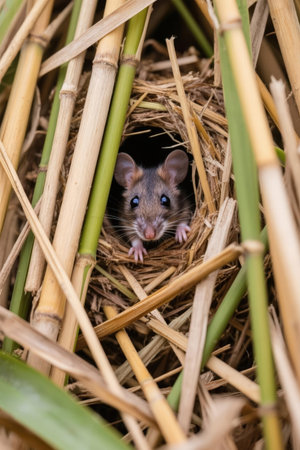 A brown mouse sits in a nest at the edge of the forest.の素材