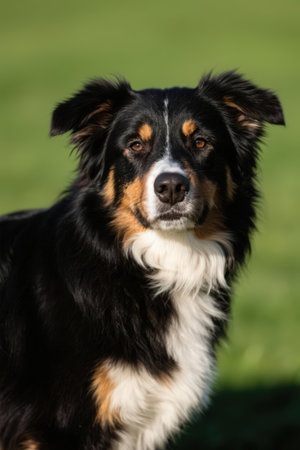 Portrait of a purebred Australian Shepherd dog outdoors in summer.の素材