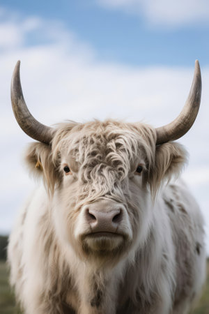 Portrait of highland white cow with long horns against blue skyの素材