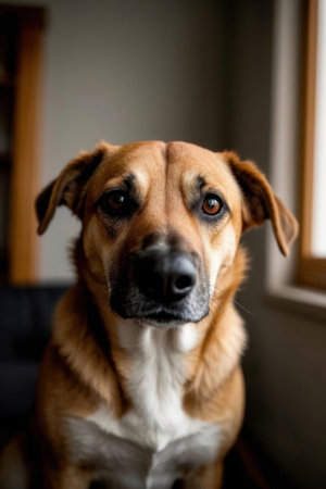 Portrait of a mixed breed dog looking at the camera with a sad expressionの素材