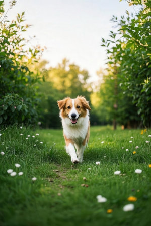 Portrait of a red border collie dog running in the gardenの素材