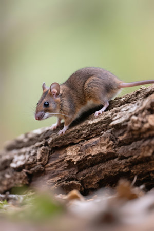 A brown mouse on a tree in the forest. Shallow depth of field.の素材