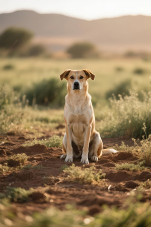 Golden Retriever sitting in the desert in the sunset light.の素材