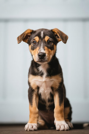 Portrait of a cute mixed breed puppy sitting on a wooden floorの素材