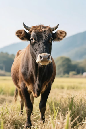 Portrait of a cow on a meadow in the countryside.の素材