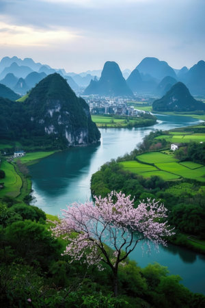 karst mountains and cherry blossoms in guilin,Chinaの素材