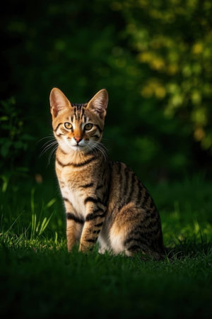 Cute bengal cat sitting on green grass and looking at cameraの素材