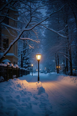 Winter night in the city park. Street lamp in the snow.の素材