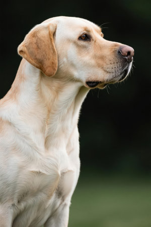 Labrador Retriever portrait in the park on a green backgroundの素材