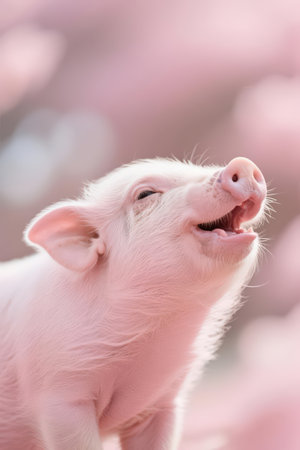 Portrait of a cute little piglet on a pink background.の素材