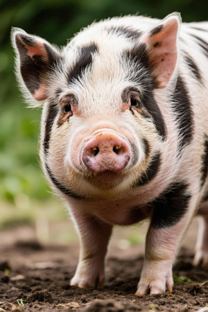 Portrait of a cute pig on the farm. Selective focus.の素材