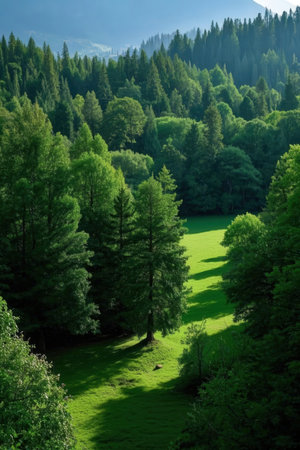Beautiful landscape of a green meadow in the middle of the forestの素材