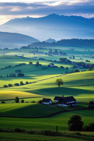 Beautiful sunrise over the rolling hills in Bavaria, Germany.の素材