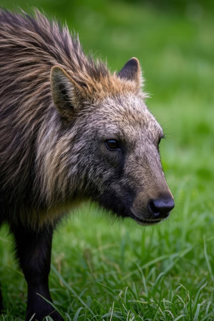 Close-up portrait of a pygmy wolf in green grassの素材