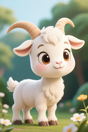 Cute goat on green grass with flowers background, 3d renderingの素材